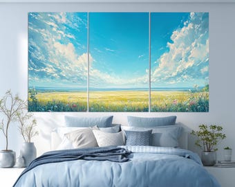Wildflowers Field under Blue Sky Canvas Print, Soft Tones Field Painting, Floral Wall Decor, Minimalist Wall Decor, Scenic Field Painting