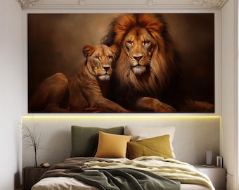 Pintura de león y leona, impresión en lienzo de leones enamorados, arte de pared romántico, decoración de pared para dormitorio, arte en lienzo para dormitorio, pintura de leones