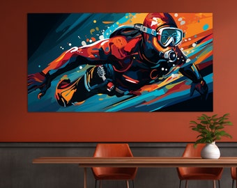 Impresión en lienzo de buzo en estilo pop art, pintura abstracta de buceo, arte mural de buceo, póster de buceo, decoración de pared de buceo