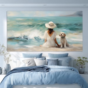 Woman with Dog on the Beach Canvas Print in a Vintage Oil Painting Style, Beach Wall Art, Sea and Sand Painting, Beach Cabin Wall Decor