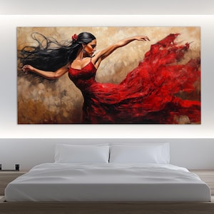 Passionate Flamenco Dancer in Red Dress Canvas Print in an Oil Painting Style, Dancing Wall Art, Flamenco Painting, Dancing Studio Decor