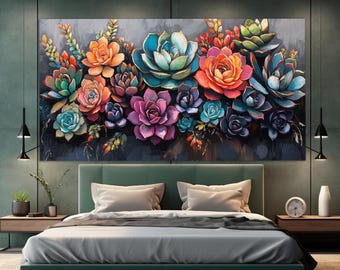 Abstract Succulent Canvas Print, Succulent Poster, Agave Wall Art, Abstract Cactus Painting, Succulent Wall Art, Colorful Plants Canvas