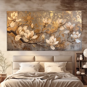 Impressão em tela de flores de magnólia, pintura abstrata de magnólia em estilo dourado, arte de parede de luxo, decoração de quarto de luxo, decoração de parede de escritório moderna