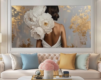 Lady in Dress with Flowers from the Back on Luxury Gold Background Canvas Print, Contemporary Wall Art, Abstract Painting, Luxury Wall Decor