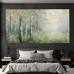 May include: A painting depicting a misty woodland with tall, slender trees and a soft, ethereal glow. The trees are painted in shades of green and white, with hints of yellow flowers scattered throughout the scene.