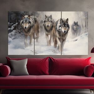 May include: A painting of a pack of gray wolves walking through a snowy forest. The wolves are in the foreground of the image, and the forest is in the background. The wolves are all looking forward, and the snow is falling around them.