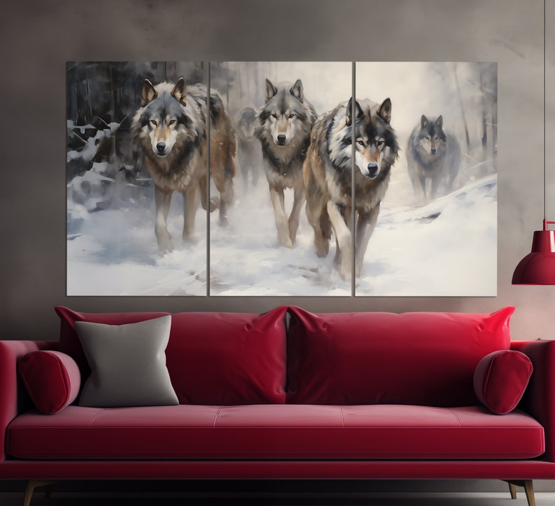 May include: A painting of a pack of gray wolves walking through a snowy forest. The wolves are in the foreground of the image, and the forest is in the background. The wolves are all looking forward, and the snow is falling around them.