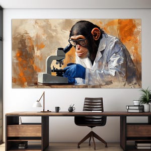 May include: A chimpanzee wearing a white lab coat and blue gloves looks through a microscope. The background is a brown and orange abstract painting.