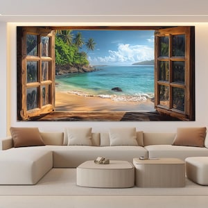 Scenic Beach View from Open Window Canvas Print, Beach Wall Art, Tropical Beach Canvas Print, Bedroom Wall Decor, Faux Window Poster
