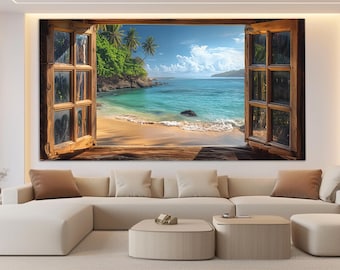 Scenic Beach View from Open Window Canvas Print, Beach Wall Art, Tropical Beach Canvas Print, Bedroom Wall Decor, Faux Window Poster