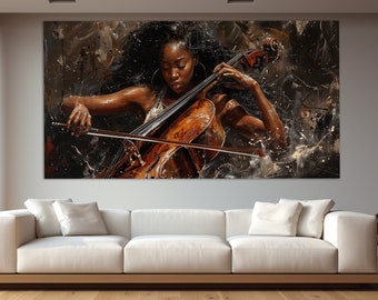 Impresión en lienzo de una hermosa violinista negra en estilo vintage, pintura al óleo, arte musical, regalo de violinista, decoración de pared musical.
