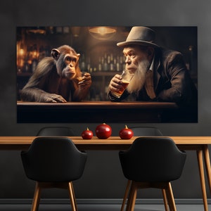 Alter Mann und Affe trinken Bier in der Kneipe, Abstrakte Kneipe Druck, Bier Wand Kunst, Bier Liebhaber Geschenk, Kneipe Wand Dekor, Küchen Wand Dekoration