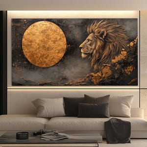 Lion and Full Moon Canvas Print in a Vintage Painting Style, Boho Lion Painting, Mid Century Lion Canvas, Lions Wall Art