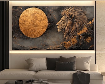 Lion and Full Moon Canvas Print in a Vintage Painting Style, Boho Lion Painting, Mid Century Lion Canvas, Lions Wall Art