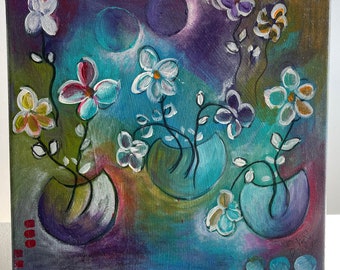 Acryl Bild abstrakte Blumen  Mixed Media Acryl auf Leinwand/Keilrahmen 30x30 cm Original