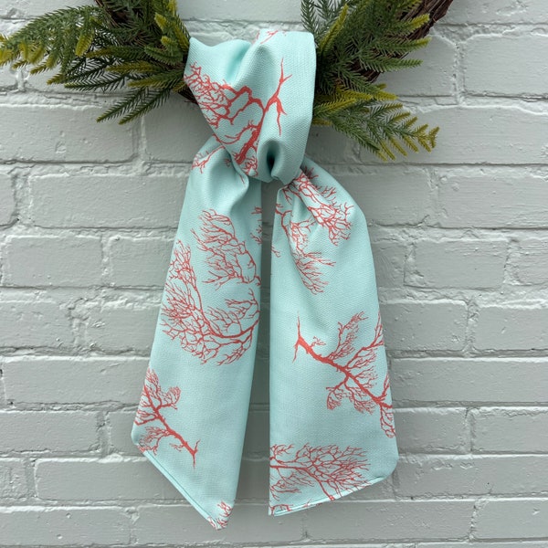 Coral Wreath Sash for Front Door Bow, Personalized  Wreath Scarf Monogram Decor, Mint Blue and Orange 54", Beachside Sea Decor