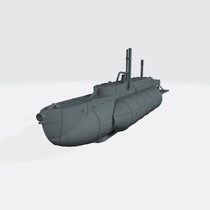 May include: A grey model submarine with a cylindrical hull and two vertical exhaust pipes. The submarine has a rounded front and a series of cylindrical structures along its side. The model is set against a white background.