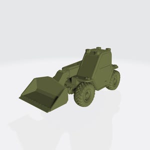May include: An olive-green toy front-end loader, featuring a large bucket and chunky tyres. The cab has detailed lights, and the frame is robust. This miniature construction vehicle is a replica of a real-life machine, perfect for imaginative play.