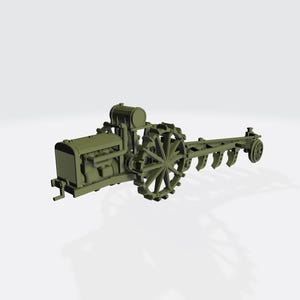 May include: A green model of a vintage tractor, with a detailed engine, large spoked wheels, and a plough attachment. The tractor is set against a plain white background, highlighting its design.