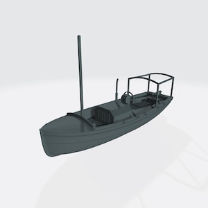 May include: A matte gray scale model of a small motorboat featuring a tall vertical mast, a central engine housing with a small exhaust pipe, a steering wheel, and an open rear deck area covered by a simple rectangular frame structure.