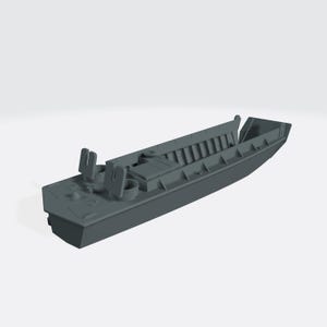 May include: A grey scale model of a landing craft boat featuring a flat bottom, a ramp at the bow, and a raised pilot house at the stern. The vessel includes detailed deck structures, including two circular vents and a rectangular cabin section.