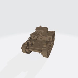 Könnte beinhalten: Ein einfarbig hellbraunes Militärpanzer-Modell mit einem drehbaren Turm, einem zentralen Hauptgeschützrohr, einem am Rumpf montierten Maschinengewehr und detaillierten Kettenlaufwerken auf beiden Seiten des gepanzerten Fahrzeugchassis.