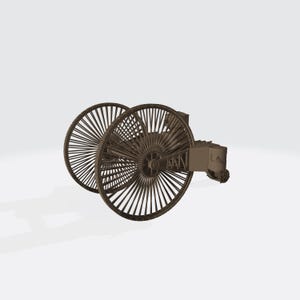 May include: A monochromatic brown model of a vintage carriage chassis featuring two large spoked wheels connected by a central axle and a rear frame structure. The design includes numerous thin spokes radiating from the center of each wheel.