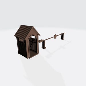 Puede incluir: Modelo de madera marrón de una caseta de guardia con tejado inclinado y barrera. La caseta tiene una pequeña ventana y una puerta abierta. La barrera tiene un letrero circular.
