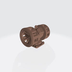 May include: A monochromatic brown industrial siren featuring a cylindrical housing with slotted vents, a central fan-like intake, and a small top-mounted lifting eyelet, all supported by a rectangular base with visible bolt attachments.