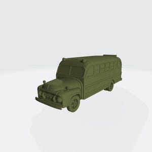 May include: A 3D-printed olive green school bus model. The bus features a classic design with rounded headlights, a front bumper, and multiple windows along the side. The tires have a detailed tread pattern.