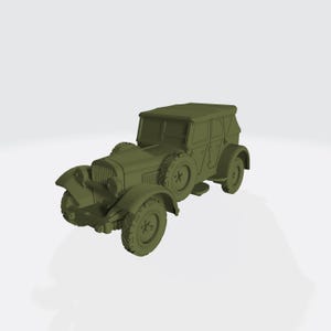 May include: A 3D-rendered model of a vintage olive-green car. The car features a boxy body, large tires, and prominent fenders. The vehicle has a classic design, with a detailed front grille and headlights.
