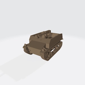 May include: A tan-coloured model of a tracked vehicle with a gun mounted on top. The vehicle has a rectangular body with detailed tracks and headlights. The gun is positioned in the centre of the vehicle.