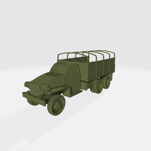 May include: A 3D-printed olive drab military truck model. The truck features a cab, cargo bed with a canvas top frame, and six wheels. The model is a detailed representation of a classic military vehicle.