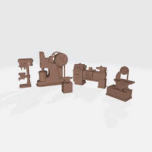 May include: A set of five miniature brown monochromatic industrial machine models, including a drill press, a power hammer, an anvil on a block, a metal lathe, and a band saw, all arranged together as a collection of small-scale workshop equipment.
