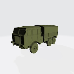 May include: A 3D model of an olive green military truck. The truck features a covered cargo area, a detailed front with headlights, and large off-road tyres. The model is set against a white background.