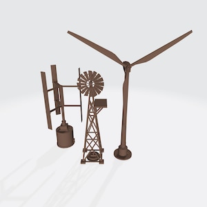 Puede incluir: Una colección marrón de generadores de energía eólica en miniatura. La imagen incluye una turbina eólica, un molino de viento tradicional y un generador eólico más pequeño y moderno. Los modelos están sobre un fondo blanco liso.