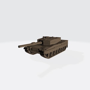 Puede incluir: Un tanque marrón con un cañón largo y un diseño detallado. El tanque tiene un cuerpo rectangular con orugas y ruedas. La imagen es una representación 3D de un vehículo militar.