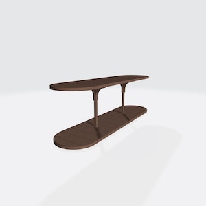 May include: A brown, two-tiered table with an oval top and base, connected by two vertical supports. The table has a simple, modern design, suitable for various settings. The wood-like texture adds a natural feel to the piece.