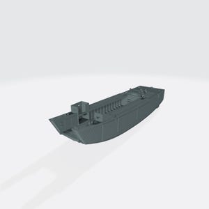 May include: A grey scale model of a landing craft vehicle with a flat bottom, a ramp at the front, and an open cargo bay. The vessel features a raised pilot house structure at the rear, vertical side panels, and a textured deck surface design.