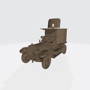 May include: A brown model of a vintage car, featuring a boxy rear and a driver's seat. The car has spoked wheels and a detailed front grille. The model is set against a plain background.