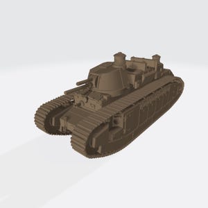 Könnte beinhalten: Ein braunes Modell eines französischen Char B1 Panzers. Der Panzer hat einen Turm mit zwei Luken und eine nach vorne gerichtete Kanone. Der Panzer hat ein Kettenlaufwerk mit mehreren Rädern auf jeder Seite.