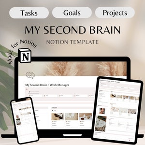 Notion Second Brain Work Manager, Notion Template Projects, Goal Setting, Productivity Business Planner, Notes, Journaling, Tasks Management