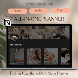 Modelo de noção de planejador That Girl Modo escuro TDAH Ultimate Life Planner Notion Estético tudo em um organizador digital diário rastreador financeiro