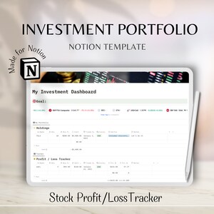 投資トラッカー Notion テンプレート、シンプルな投資ダッシュボード、株式デジタル プランナー、株式市場トラッカー トレーディング ジャーナル 株式ポートフォリオ