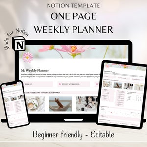 Weekly Planner Notion Template, Simple Minimalist Week Dashboard, Pink Aesthetic Digital Planner, Habit Tracker, Meal Plan, Workout Planner