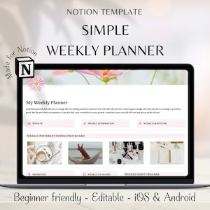 Simple Notion Weekly Planner, Minimalist Weekly Dashboard Notion Template, Habit Tracker Meal Plan Workout Planner Aesthetic Digital Planner