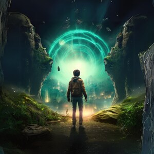 Könnte beinhalten: Ein junger Mensch steht auf einer Waldlichtung und blickt auf ein leuchtend grünes Portal. Das Portal ist von Bäumen und Felsen umgeben, und in der Ferne ist eine Stadt zu sehen.