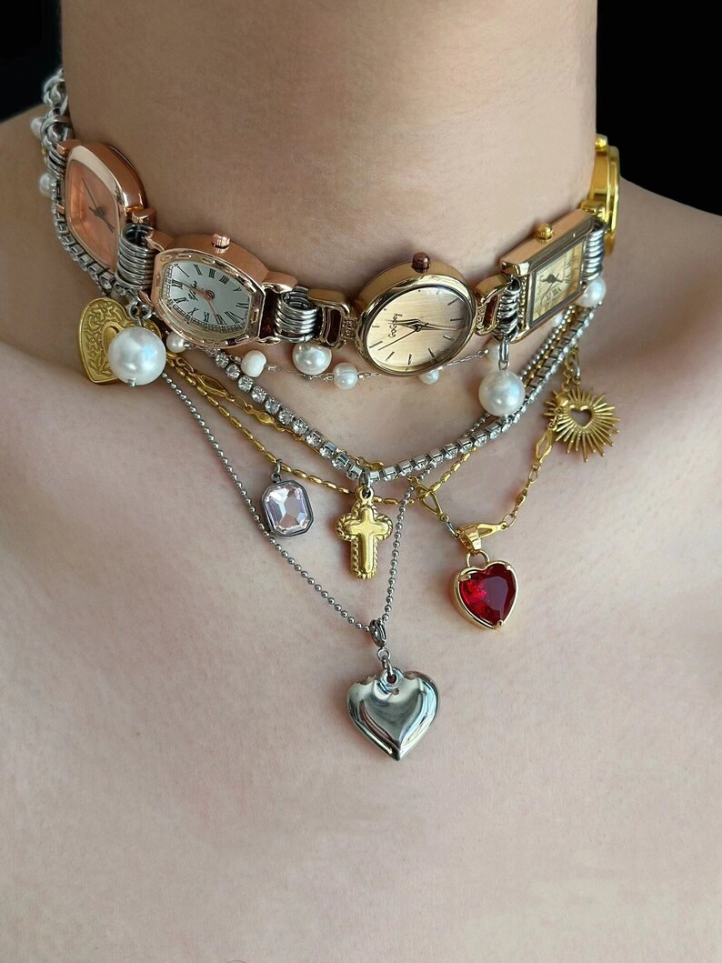 Vintage Five Different Watch Faces Choker Necklace,pearls Choker