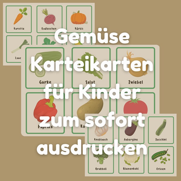 Gemüse Karteikarten zum sofort Ausdrucken für Kinder 18 Gemüsesorten Druckbare Karten Montessori Lernmethode Spiel Kindergarten Vorschule