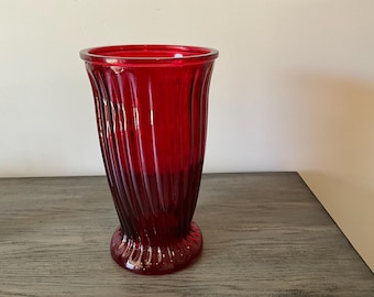 Vintage Glass Red Ribbed Vase 12”